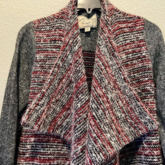 Lucky Brand Red Black Tweed Waterfall Open Cardigan Exaggerated Collar Pockets M - Picture 4 of 8